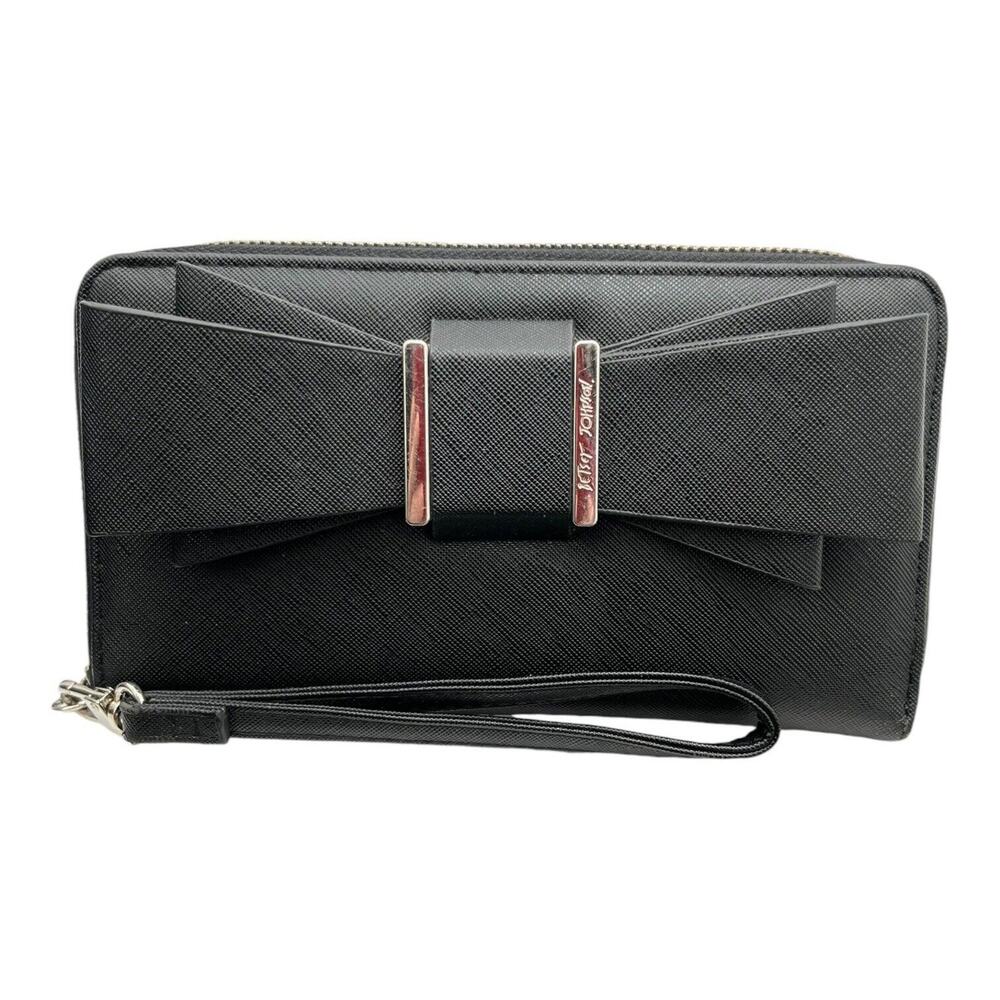 Betsey Johnson‎ Bow Wallet Wristlet Zip Around Black Pink Interior 80s 90s Retro